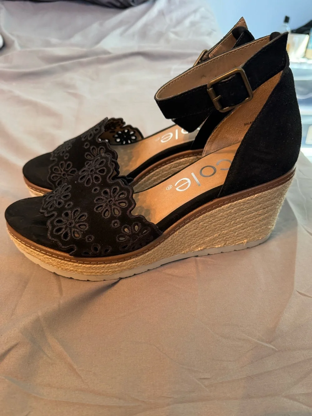 Nicole Black Floral Laser-Cut Ankle-Strap Sandals
